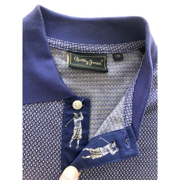 NEW Bobby Jones Collection Golf Shirt! M Blue & White Pattern Signature Golfers - Picture 2 of 3